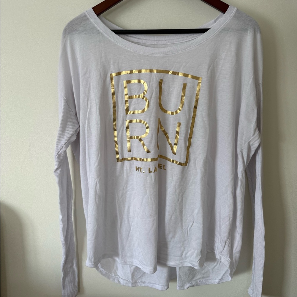 White Burn Long Sleeve Top with Gold Print